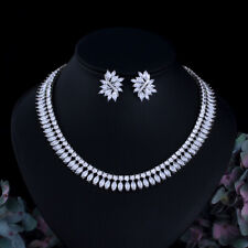 Set gioielli costume da sposa orecchini collana matrimonio tennis foglia zirconi placcati argento