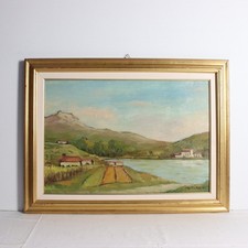 Quadro Vintage Paesaggio sul Lago di Aldo Barletta 1975 Dipinto Olio su Masonite