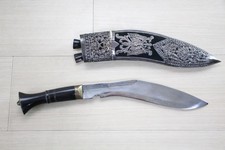 Coltello Gurkha Kukri lama 24 cm manico corno di bufalo con fodero decorato Nepal C98