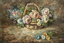 Dipinto Impressionista Natura Morta Con Fiori Mazzo Estivo In Cesto Firmato