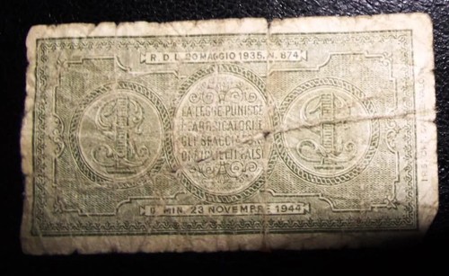 Billet italie una lira - italie, 1944