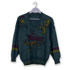 Maglione Vintage blu con disegno e scollo a V - Taglia 48 uomo