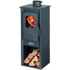 Stufa a Legna 5.3 kW Acciaio Antracite Piastra in Ghisa e Portalegna