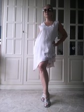 Abito donna asimmetrico Melissa Becker L, XL corto leggero lino pizzo volant