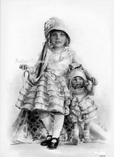 RAGAZZA CON BAMBOLA ANNI '20 - Disegno a matita originale 24x33 cm 