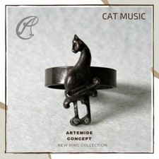 Anello CAT MUSIC unisex in Argento 925% brunito. Anello gatto musica