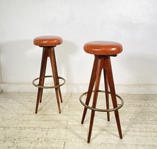 COPPIA SGABELLI BAR DESIGN ANNI 70 LEGNO PELLE VINTAGE SEDIA SEGGIOLINO BANCONE