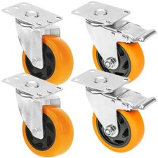 4 RUOTE PER CARRELLI 2 CON FRENO e 2 SENZA 76 mm Portata 400 KG ARANCIO 432-438