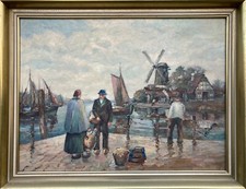 Quadro a Olio Germania Del Nord Porto Con Persone E Mulino Anonimo Nordseehafen
