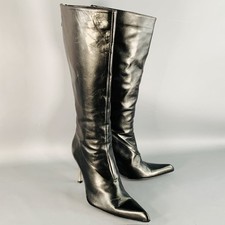 LES COPAINS Taglia 7 Nero Argento Pelle Schiena Zip Polpaccio Alto Stiletto