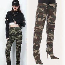 Stivali donna sopra il ginocchio a punta passerella tacco alto stiletto mimetico zip