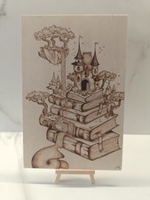 quadro pirografia fantasy fantasia magia castello libri magic pezzo unico a mano