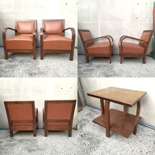 SET DA SALOTTO 2 POLTRONE + TAVOLINO ANNI 30 IN LEGNO E PELLE SINTETICA