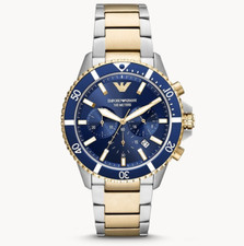 NEW EMPORIO ARMANI MENS WATCH STEEL BLUE DIAL & TWO TONE BRACELET AR11362 43mm