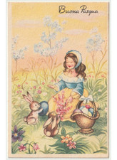 1957 bambina conigli cesto