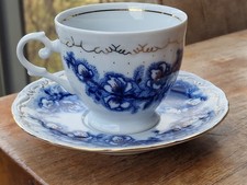 vecchia tazzina da caffè Alba Iulia con piattino blu cobalto con bordo dorato