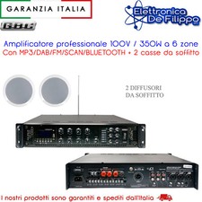 Amplificatore professionale 100V/350W a 6 zone MP3/DAB/FM/SCAN/BT con 2 casse