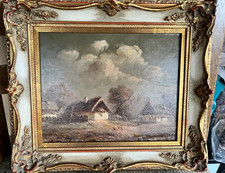 "Veduta del villaggio" del 1920, firmata, originale, dipinto antico