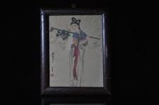 Antico dipinto cinese ad acquerello e inchiostro dipinto a mano di dama con cornice