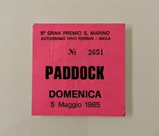 Biglietto Contromarca Paddock 5° GP Imola Domenica 1985. Formula 1. San Marino