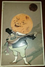 Cartolina d'epoca Illustrata  Luna Antropomorfa Suonat mandolino serenata riliev
