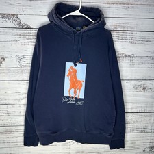 Polo Ralph Lauren felpa con cappuccio blu grande pony grafica 1967 pile pullover felpa grande