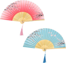 Ventaglio a Mano Pieghevole per Le Donne 2Pcs Cinese Seta Tessuto Ventagli a Man