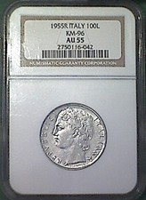 ITALY 1955  Lire 100 Minerva I  Conservazione AU55 - Moneta PERIZIATA da NGC USA