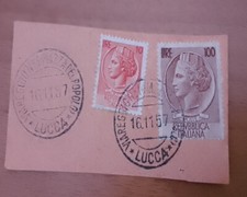 FRANCOBOLLO "SIRACUSANA" - 10 LIRE  E 100 LIRE SU FRAMMENTO TIMBRO 16/11/1957