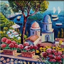 Vasi di gerani a Ravello Athos Faccincani Opera UNICA OLIO SU TELA Paesaggio