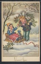 Cartolina Buon Anno Bambini Slitta Neve ZA367