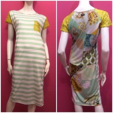 F**K Vestito abito bianco verde acqua righe multicolore pizzo giallo Tg M