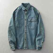 Camicia denim uomo pesante vintage lavata righe verticali taglia ampia cotone lunga