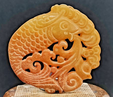 Vecchio ciondolo antico giada hetiana scultura pesci acquario artigianato cinese