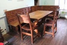 Panca 4 posti e sedie in rovere e cuoio artigianali