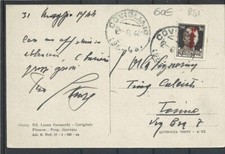 1944 RSI 30C ISOLATO SU CARTOLINA DI COVIGLIAIO FIORENZUOLA FIRENZE X TORINO