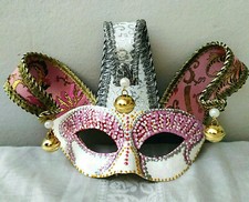 Colombina Giullare - Maschera viso carnevale in cuoio e broccato veneziano