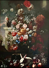 Franz Werner Von Tamm, Natura morta con fiori, frutta e coniglio, olio su tela