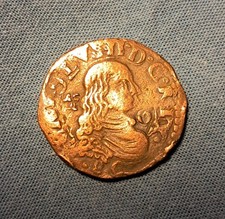 Rara moneta antica in rame, al torchio, da 1 Grano del regno di Napoli, Carlo II