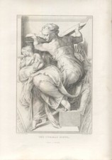 LA SIBILLA CUMANA , di  MICHELANGELO, incisione su acciaio , 1876 + passepartout