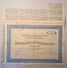 Società Triestina Tramway, titolo di godimento, azione estratta. Trieste, 1926
