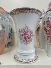 Vaso Limoges Porcellana Decoro Fiorito Rosa E Finiture Oro Zecchino H26,5cm