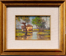 GIUSEPPE VIGANÒ Olio su Masonite Paesaggio Rurale '900 Firma Certificato Cornice