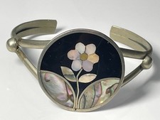 Bracciale vintage coppia ALPACA MEXICO con fiore onice/madreperla