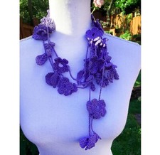 Hand crochet long purple garland flowered fancy necklace-handmade gift