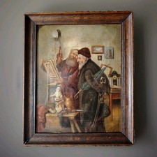 Antico Dipinto Olio Su Tela, scena Bottega Antiquario, Periodo Metà XIX SEC #D4#