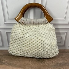Borsa a mano vintage macramè manico legno panna boho chic polimero uncinetto