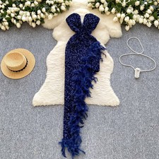 Vestito Abito Elegante Lungo Blu Raso Fascia Strass Corpetto Sirena 35677