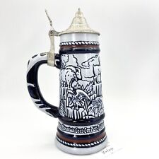 Boccale da birra in ceramica vintage con coperchio in peltro Scena Invernale 