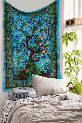 Arazzo blu con albero - con,